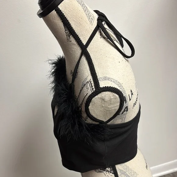 Black Feather Trim Crop Top with Cutout - Picture 7 of 14